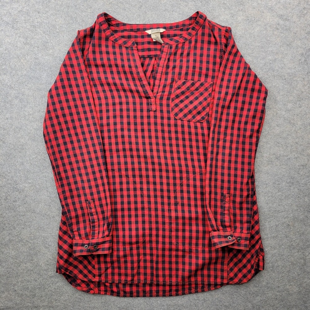 Duluth Trading Co Blouse Womens‎ Medium Red Plaid Long Sleeve V Neck Tunic Top